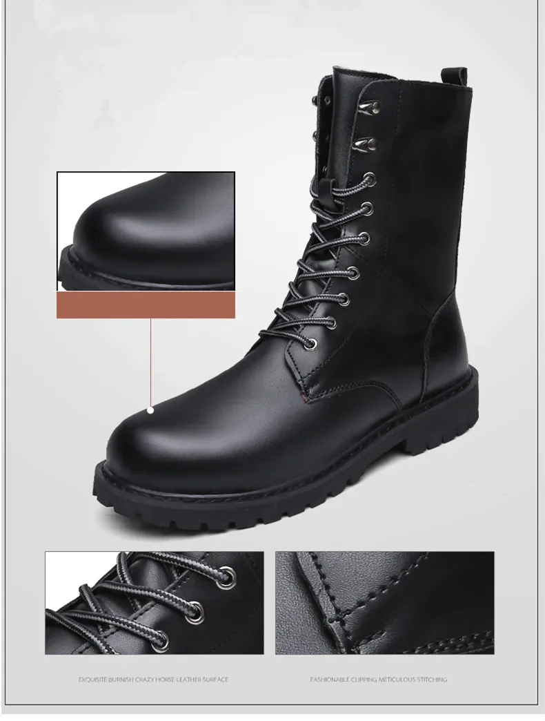 Botas de moto de talla grande para hombre, zapatos cálidos de cuero impermeables, calzado táctico de vaquero, zapatos casuales de invierno