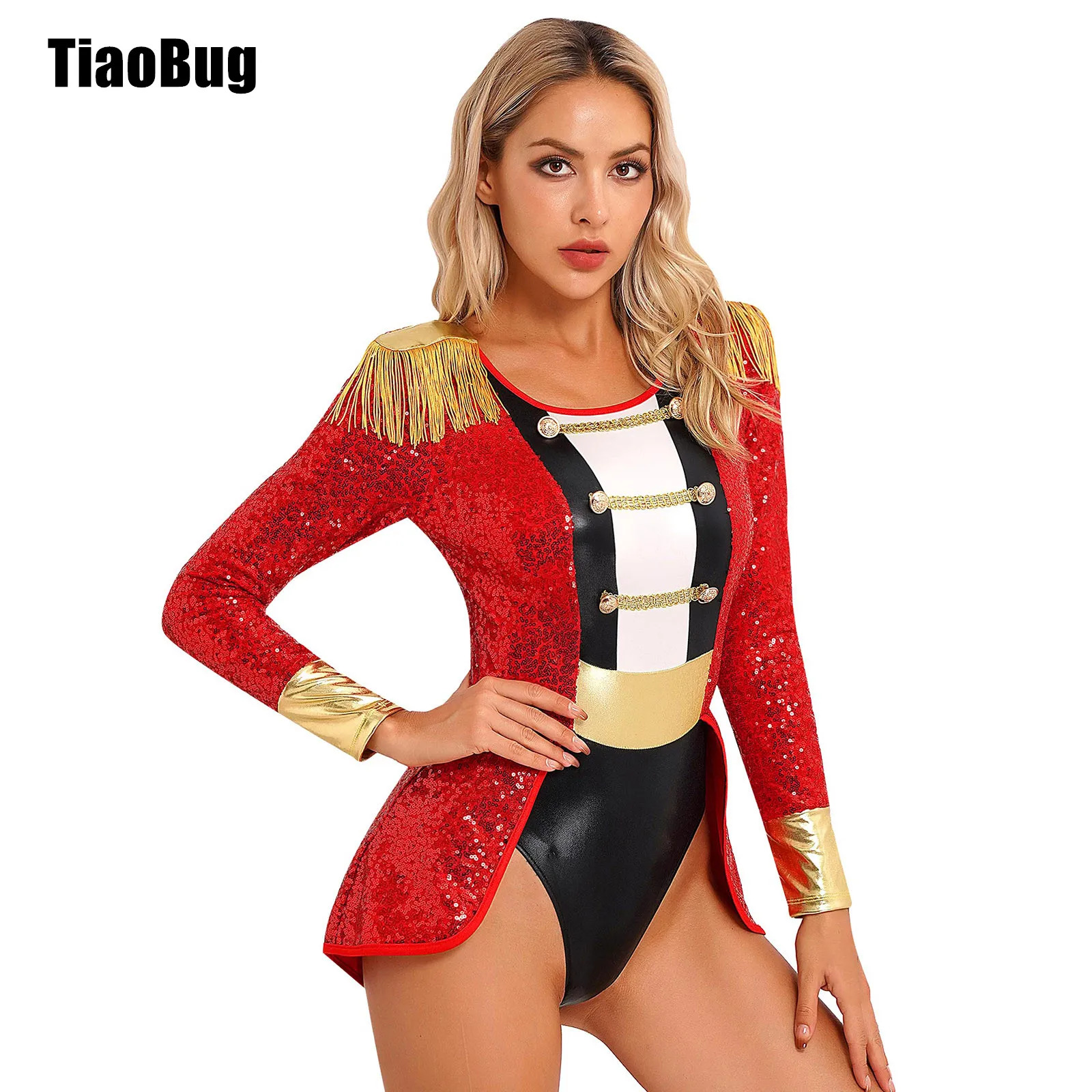 

Women Circus Ringmaster Cosplay Bodysuit Long Sleeve Allover Sequin Tail Jumpsuit Halloween Festival Costumes