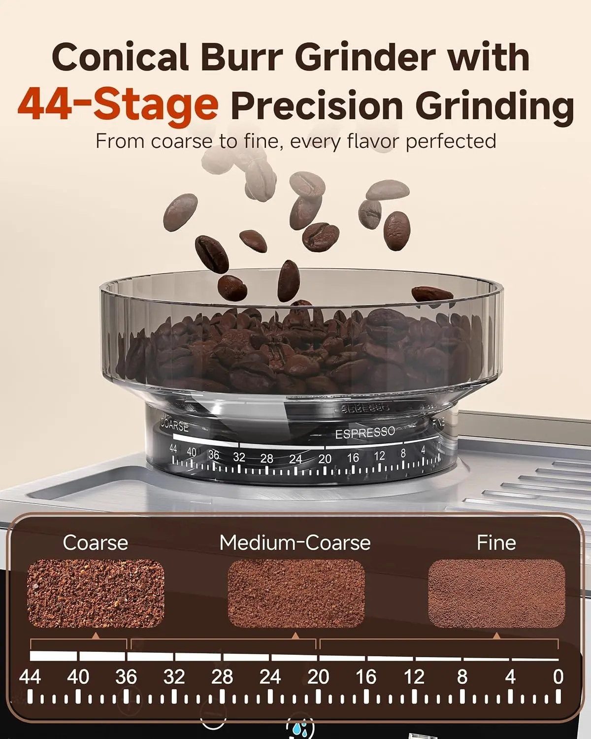 Espresso Machine With Grinder, 190℉-201℉ Temp Control Coffee machine with 44 Grind Setting, Milk Frother, Touch Screen, Cold Bre