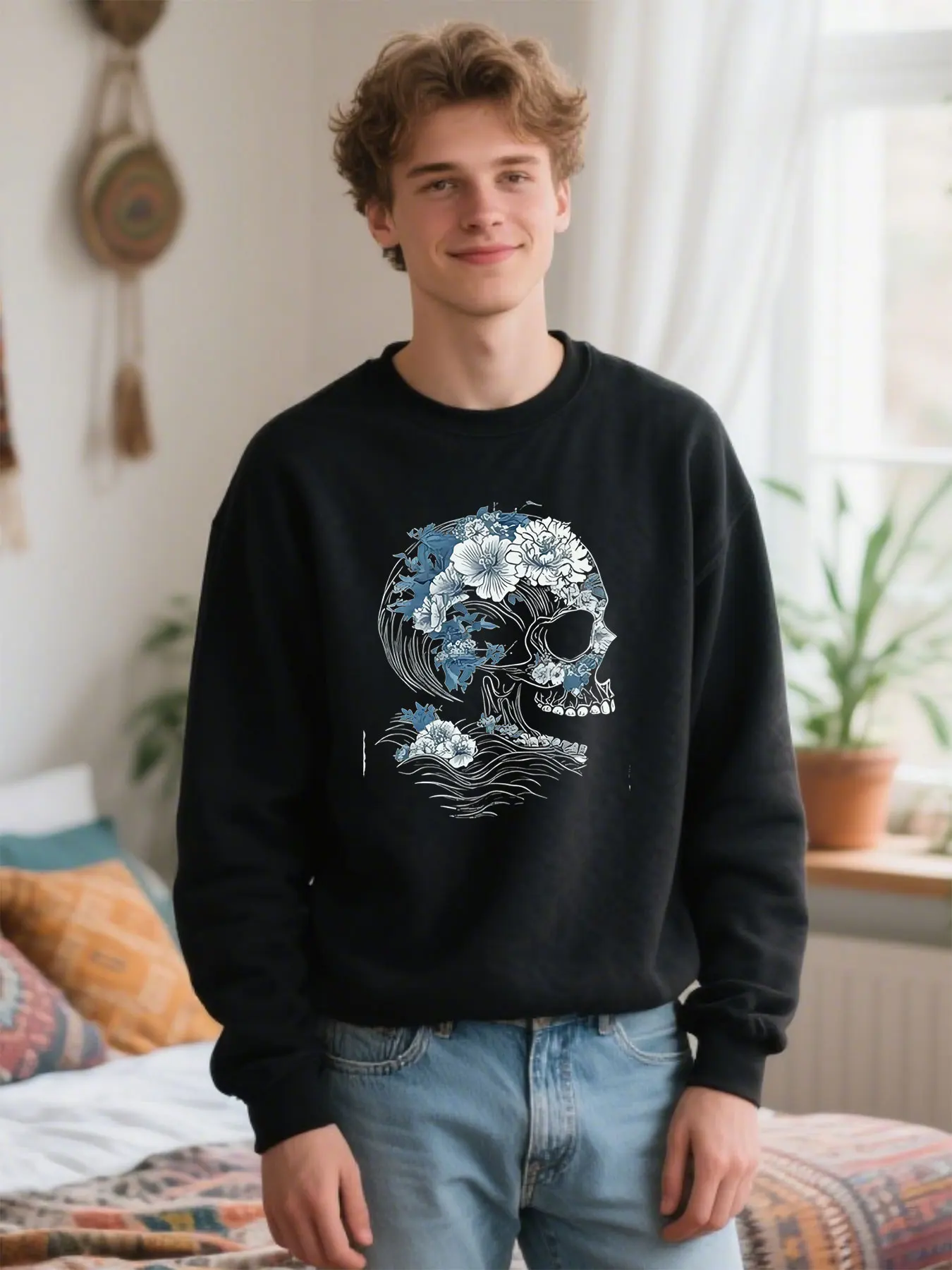 

Floral Skull Print Soft Crewneck Sweatshirt Regular Fit Halloween Gift​