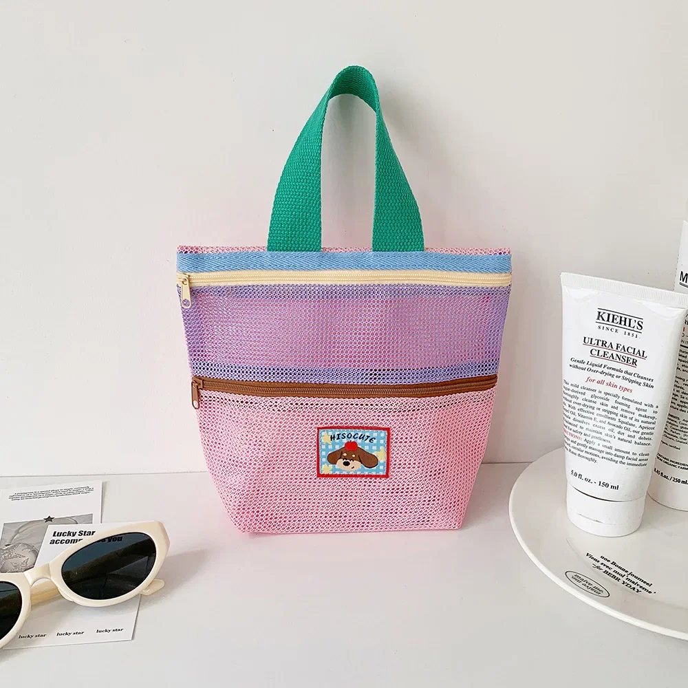 Damen-Kosmetiktasche aus Mesh mit Farbblock-Design, Tragegriff und süßem Applikationsmotiv, kleine Kosmetiktasche für die Aufbewahrung von Reiseutensilien im Alltag – Detail 16