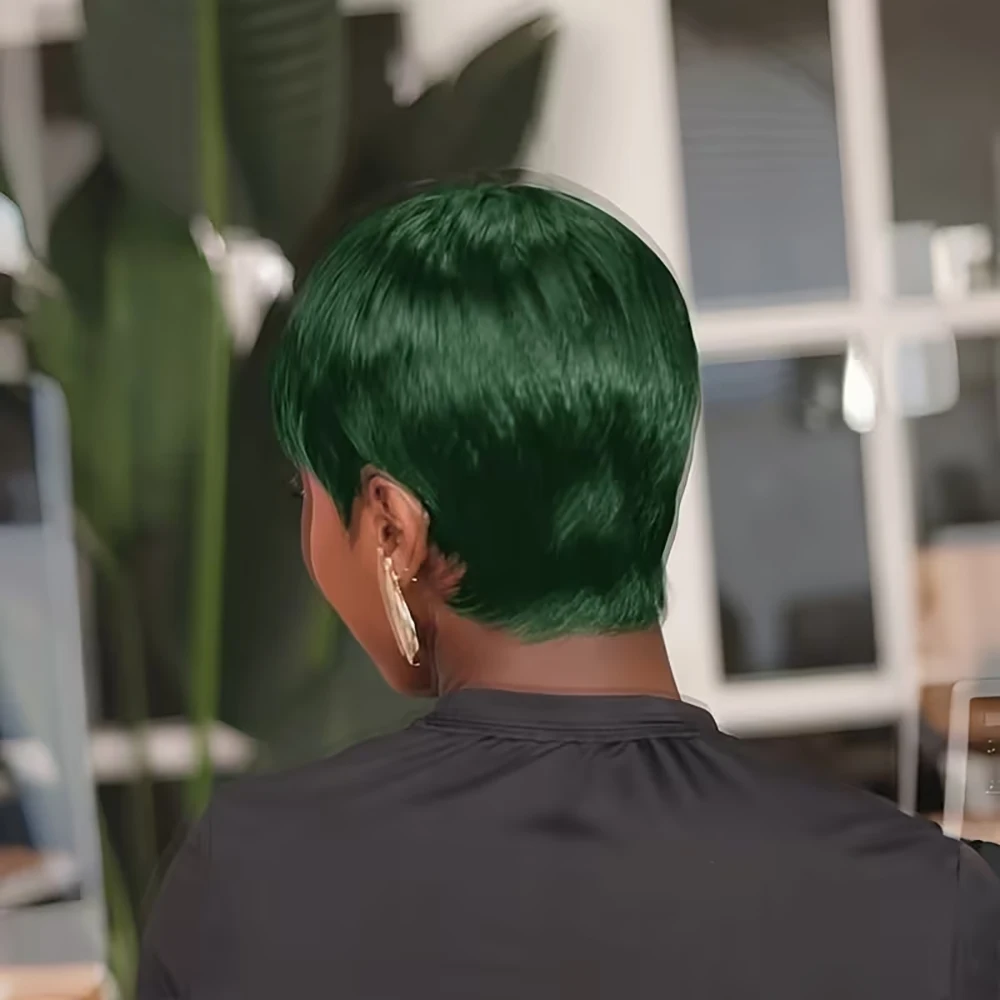 Зеленый цвет, 180% плотность, многослойный короткий парик с стрижкой пикси, прямой парик из человеческих волос с челкой, машинное производство, предварительно выщипанное для чернокожих женщин