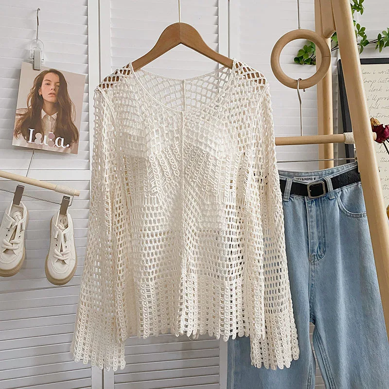 Boring Honey Round Collar Women's Clothes For Summer Hollow Out Long Sleeves Women's T-Shirt Be All-Match Solid Colors Tops