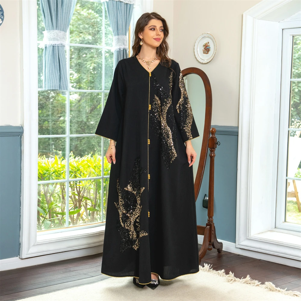 Arab Dubai Muslim Women's Clothing Middle Eastern Long-sleeved Patchwork Sequined Loose Dress