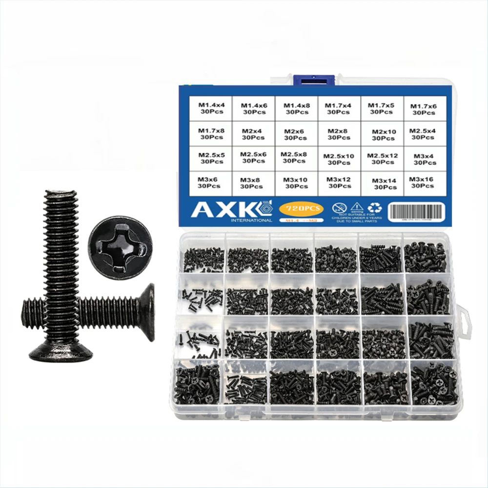 

720pcs countersunk flat head phillips small mini screw set m1.4 m1.7 m2 m2.5 m3 carbon steel computer notebook laptop screws kit