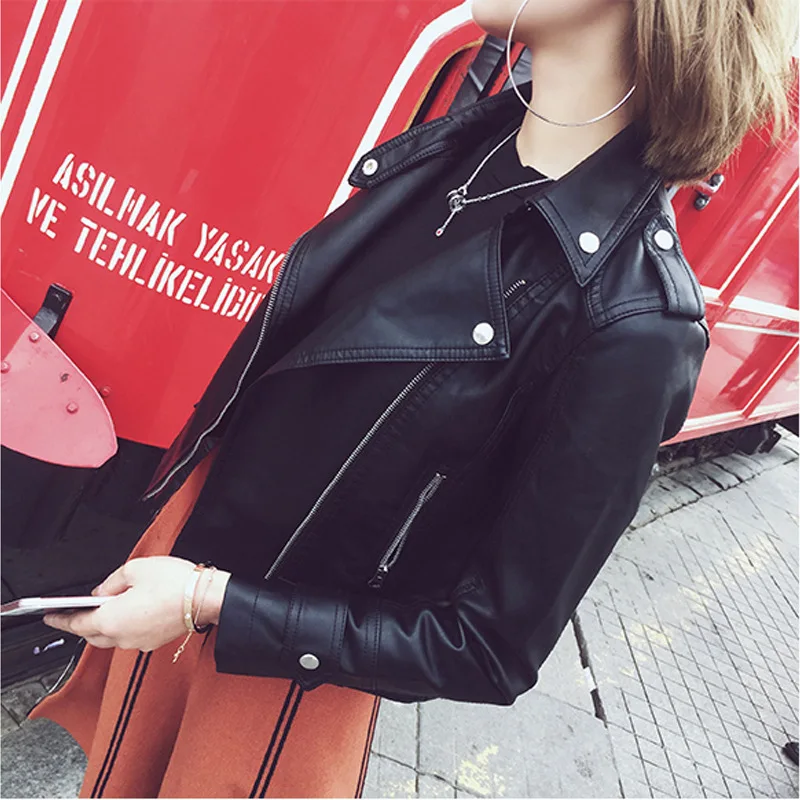 Spring and Autumn New Women\'s Motorcycle Leather Short Coat Korean Black Slim PU Jacket