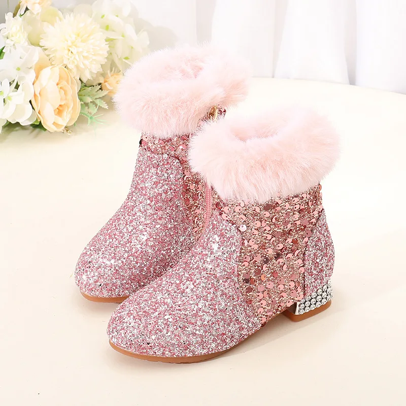 

Girls Fashion Sequined Mid-calf Boots Winter Children's High Heels Plush Warm Kids Snow Boots Princess Pink Boots Size 26-37