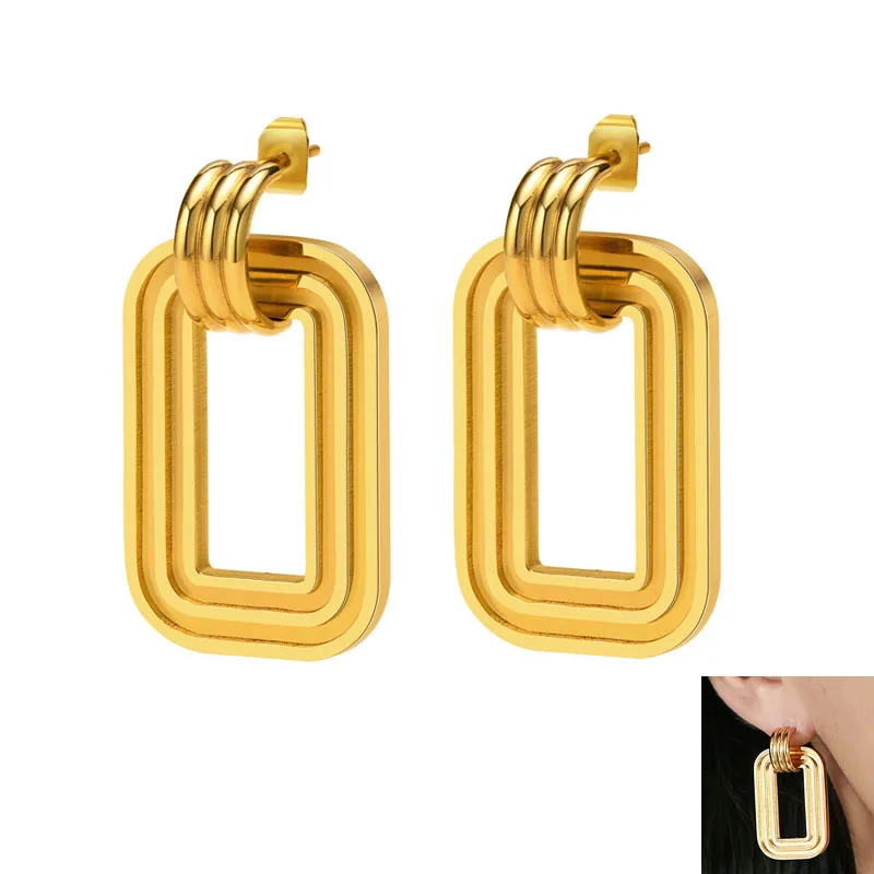 

Fashion Big Geometric Golden Drop Earrings For Women Girls Statement Stainless Steel Square Hollow Dangle Earrings Jewelry