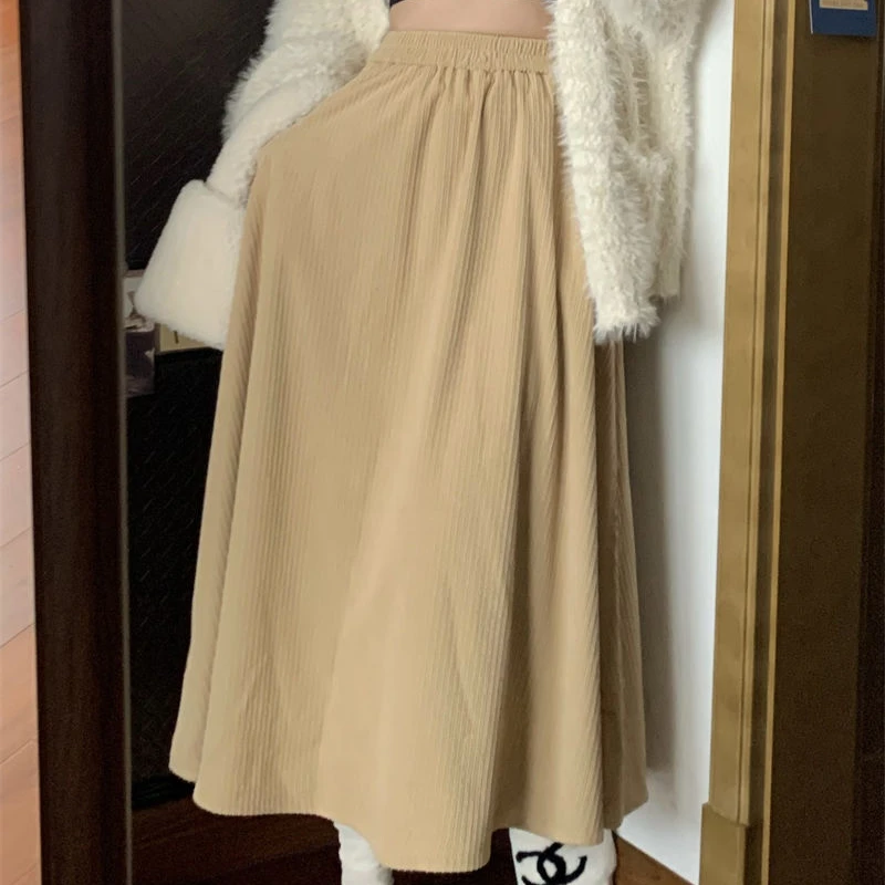 Deeptown-Falda larga de pana para mujer, Falda Midi elegante de estilo coreano Vintage con volantes, moda dulce, faldas básicas sólidas, Otoño e Invierno