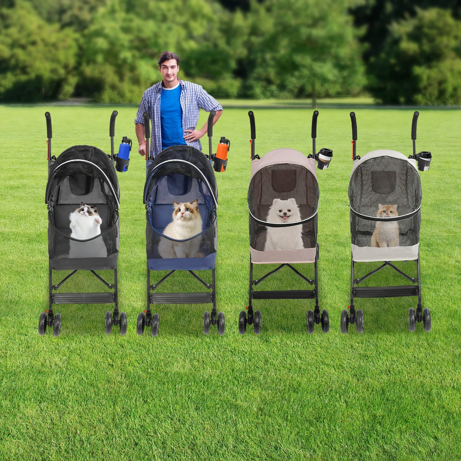

Premium Pet Stroller for Small/Medium Dogs & Cats, 360° Swivel Wheels, Safety Tether, Foldable Design w/Breathable Mesh, Cushion