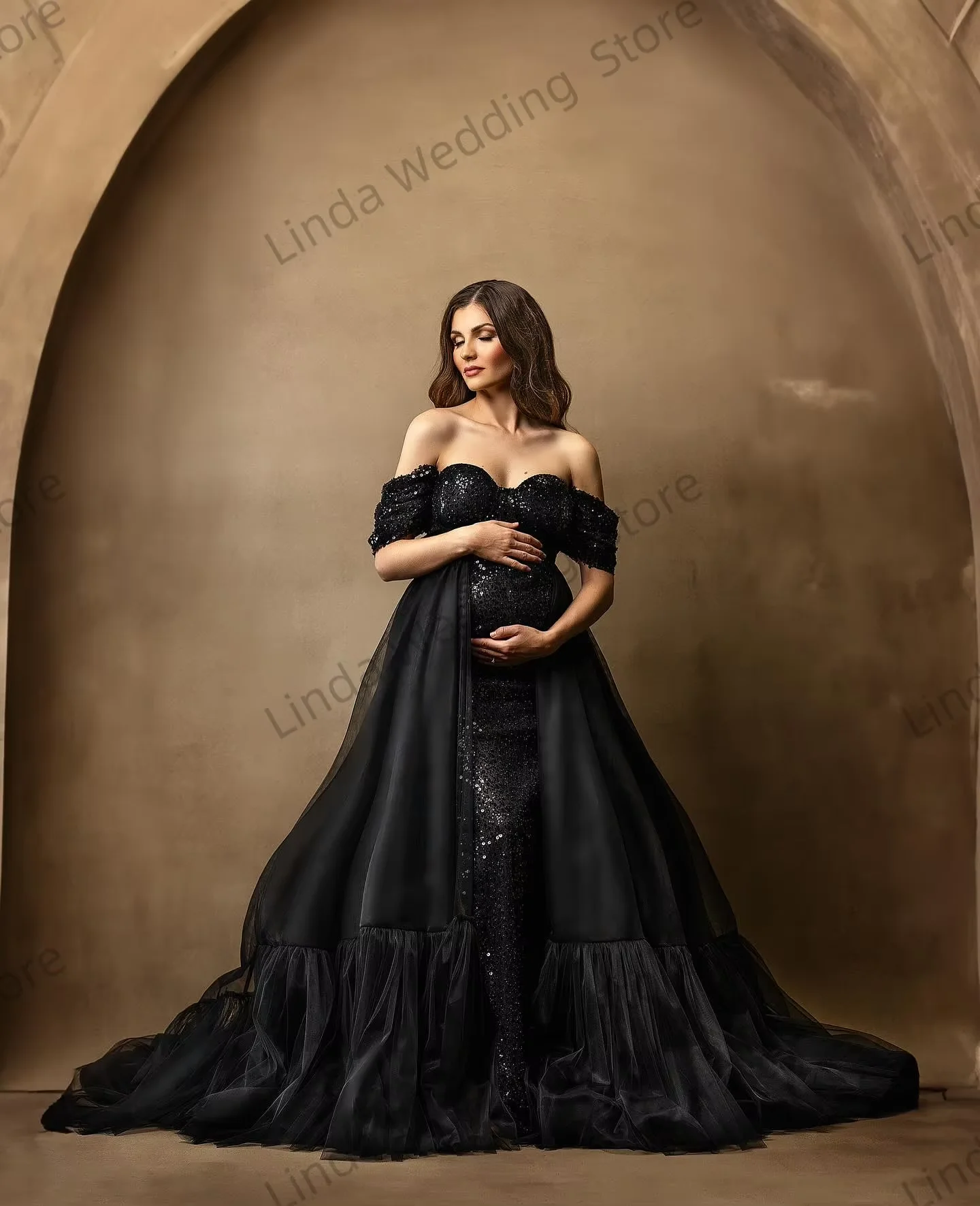 Schwarzes 2-teiliges Umstandskleid, schulterfreies Babyshower-Kleid mit Pailletten für die Fotografie, individuelles, glänzendes Ballkleid für Fotoshootings