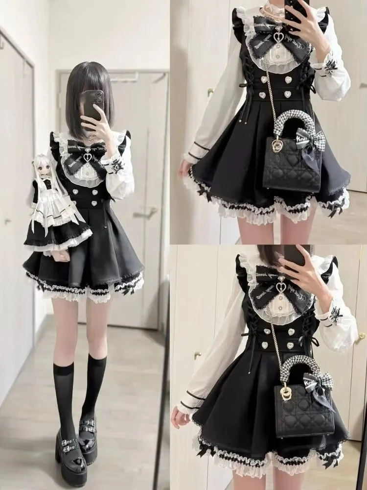 Autumn Black Gothic Lolita Short Party Suits Women Long Sleeve Coat + Pure Color Mini Dress Sets Fashion High Waist Outfits Chic