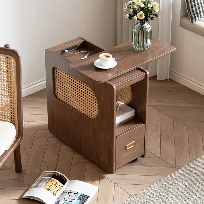 

Solid wood sofa side table, movable side cabinet, living room tea household trolley with wheels coffee table, storage locker