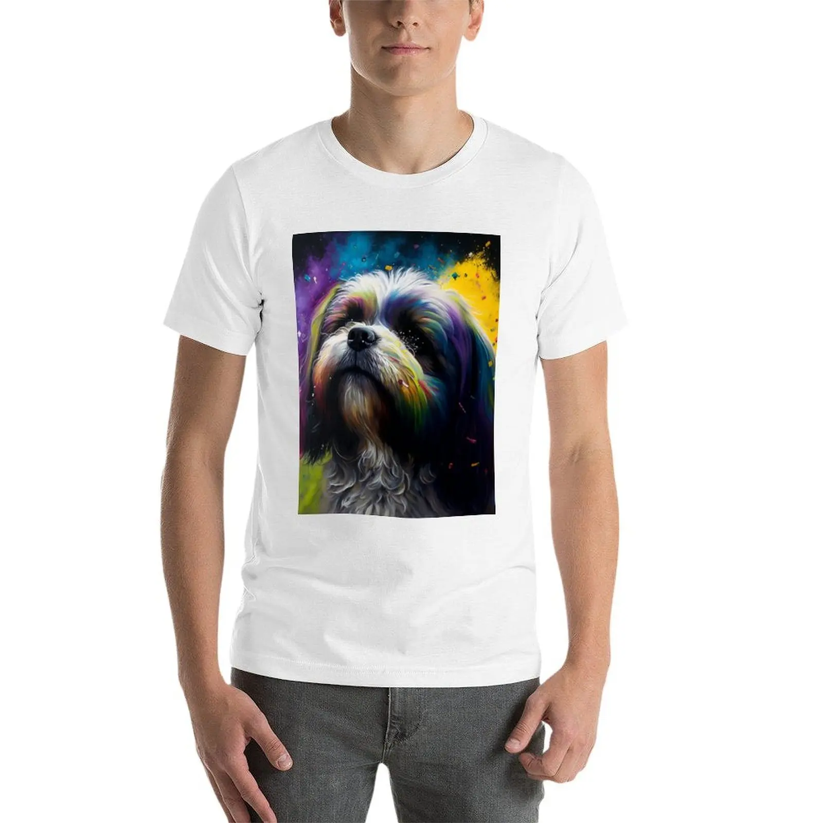 لاسا أبسوس الكلب الاصطناعية سبلاش اللوحة الفنية تي شيرت مضحك تي شيرت القطن تي شيرت للرجل الجرافيك تيز تي شيرت #3