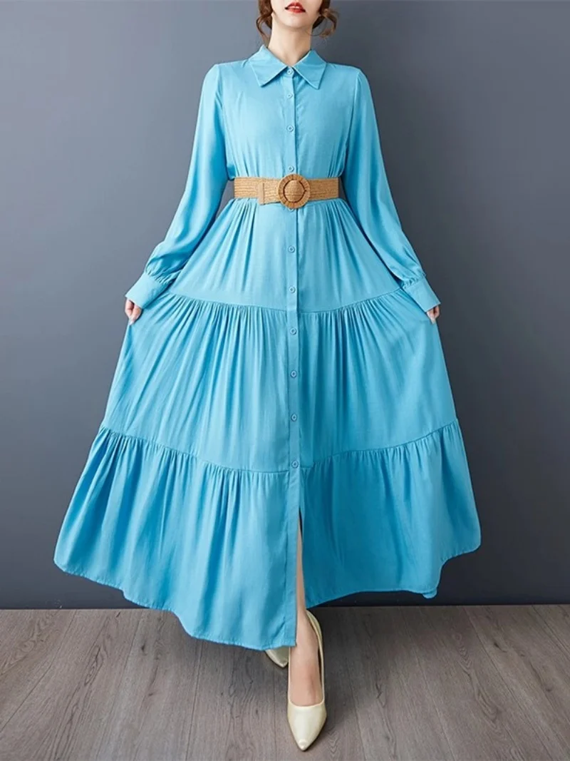 2025 herbst Lose Große Größe frauen Kleidung Einfarbig Plissee Spleißen Medium Lange Mode Lässig Temperament Kleid W840 ﻿