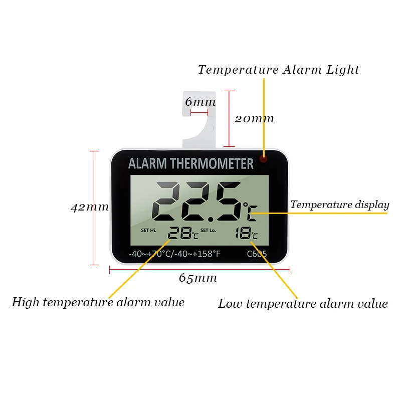 Refrigerator Fridge Thermometer Digital Freezer Room Thermometer Waterproof High Low Temp Alarm Function With Large LCD Display