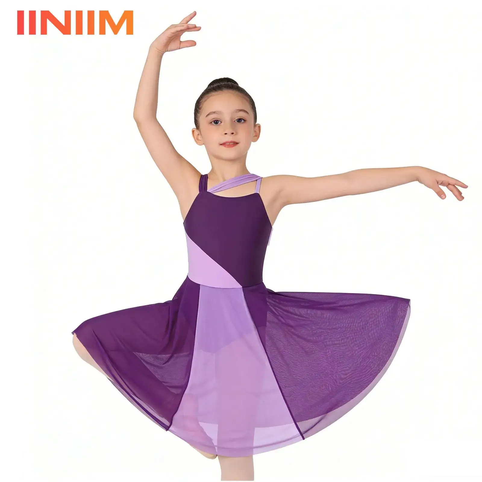 Toddler Girls Sleeveless Ballet Tutu Dress Color Block Mesh Performance Leotard Dancewear Modern Contemporary Dance Costume
