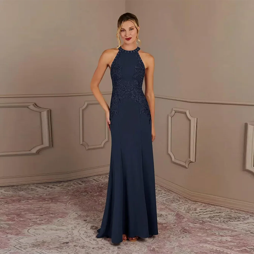 

Customized Elegant Long Lace Applique Mother of The Bride Dresses Halter Mermaid Satin Formal Dress for Women Wedding Guest