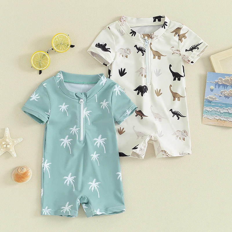 Traje de baño de manga corta con cremallera para niños, traje de baño informal con estampado de árbol y dinosaurio, ropa de playa, Verano