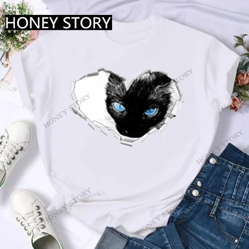 The King Cat Crown Leopard Chair Print Women White Crew Neck T Shirt Casual Short Sleeve Top