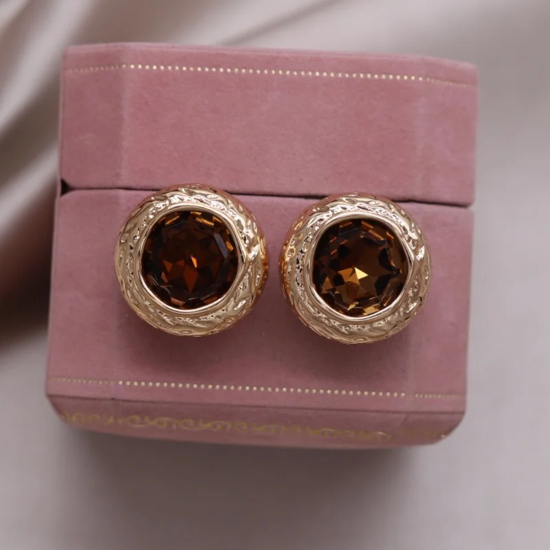 Korean new design fashion jewelry 14K gold plated simple round brown crystal earrings elegant women's daily work accessories