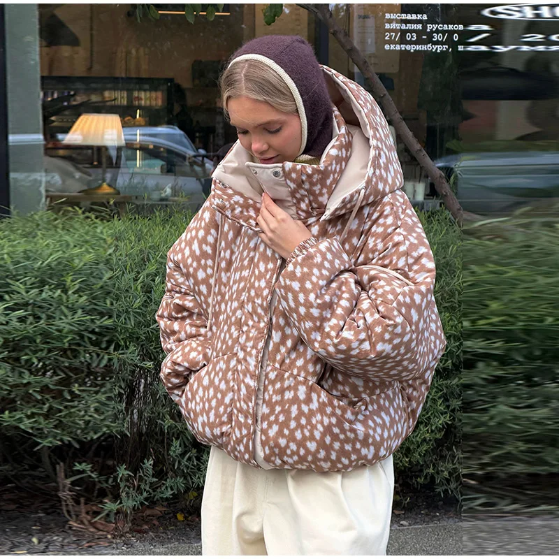 Reversible Spot Printed Women's Winter Jacket Hooded Full Sleeve Loose Cropped Padded Coats New Casual Warm Outwear 2026
