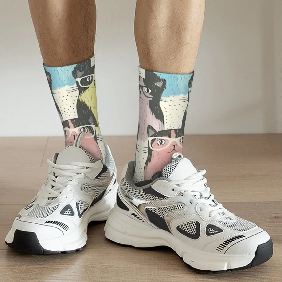 Happy Funny – chaussettes Vintage pour hommes, Cool, Harajuku, chat, Hip Hop, sans couture, avec motif de cadeau imprimé