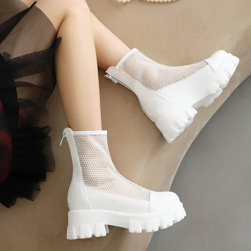 Spring Summer New Women\'s Gothic Platform Hollow Ankle Boots Thick Bottom Lace Up Black White Red Short Booties Punk Shoes 42 43