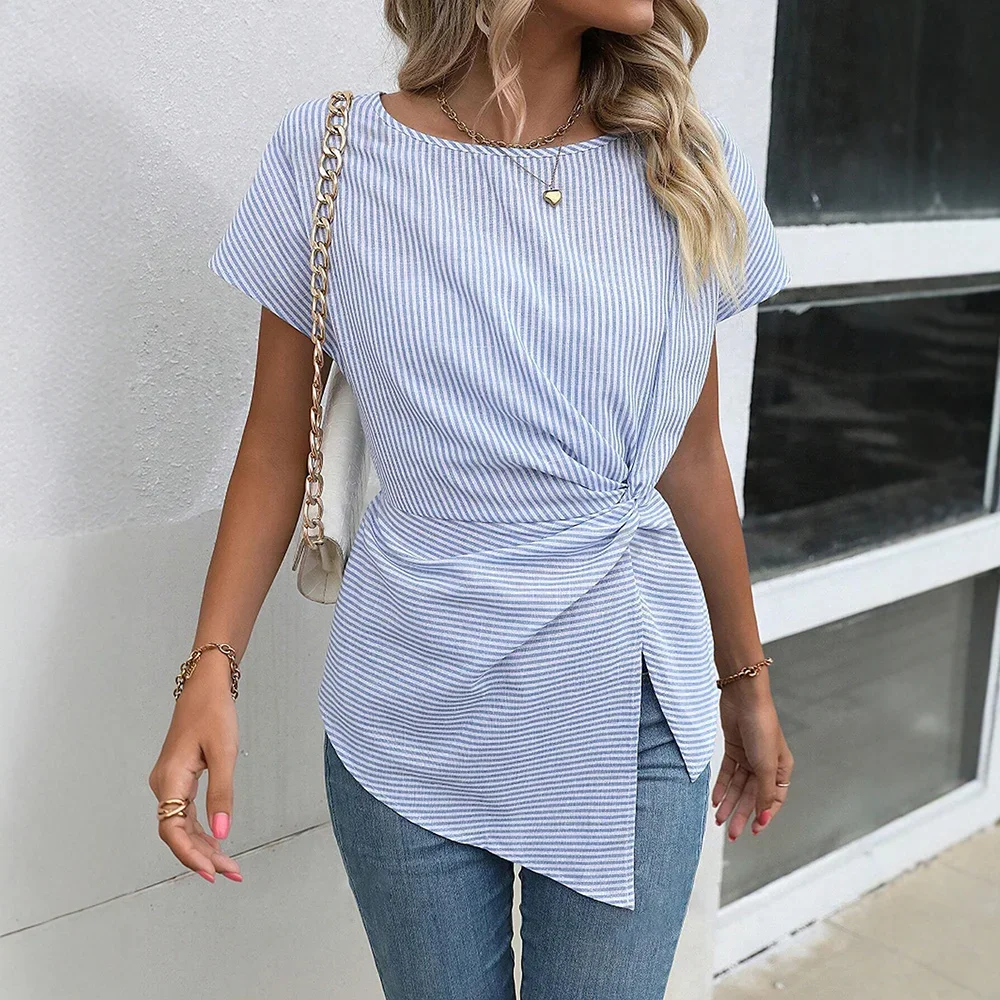 

Blouses Summer Casual Asymmetrical Stripes Short Sleeve Round-Neck Nipped Waists Office Lady Blouses