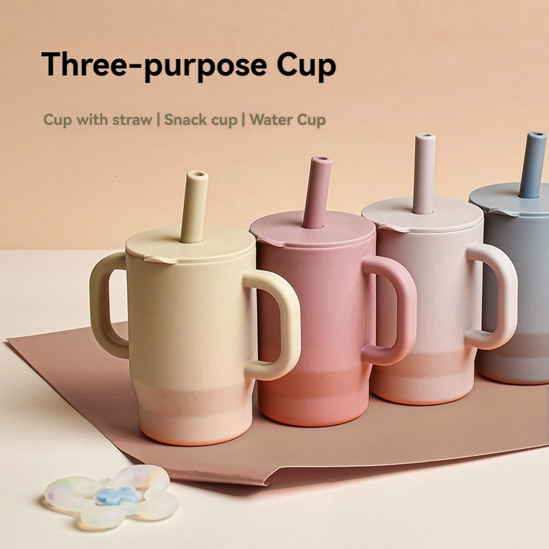 

Термостойкая силиконовая детская чашка с соломинкой — обучающая чашка с бинокулярным дизайном, чашка для хранения льда и закусок для малышей