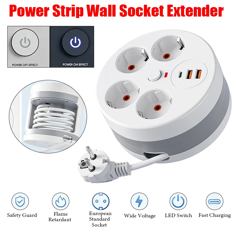 7-in-1 Round Multi-functional Socket with 2.8M Retractable Cord 4 AC Outlets + 2 USB-A Ports + 1 USB-C Port Main Switch for Home