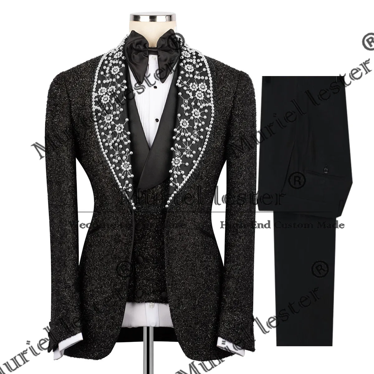 

Exclusive Pearls Groom Wedding Tuxedos Customized Shawl Lapel Prom Blazers Glitter Beaded Suits Men traje de hombre elegante