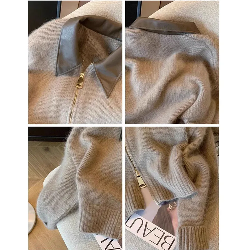 New Autumn Winter New knitted Cardigan Sweater Women Fashion Long-Sleeved Short Splicing leather Collar zipper Female Sweater