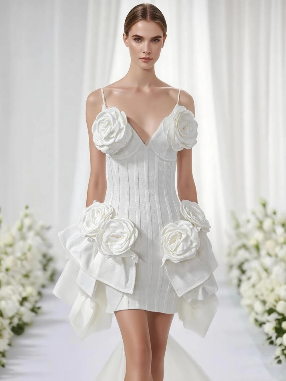 

Ladies 3D Flower Ruffle Solid Spaghetti Strap Backless Sexy Mini Bandage Fishbone Dress White Sleeveless Club Party Vestidos