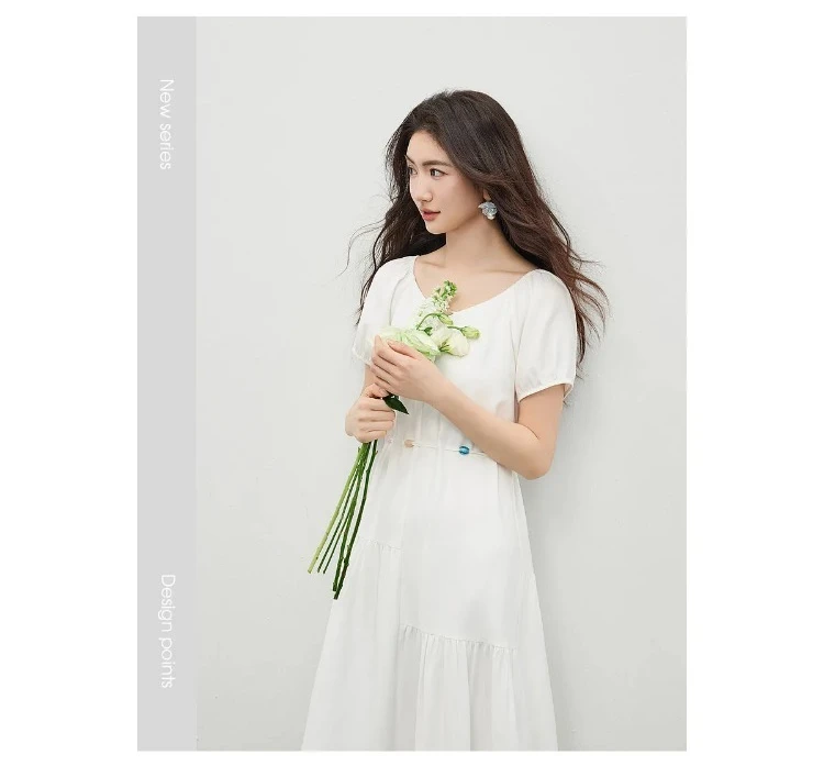 SENTUBILA Damen A-Linien-Kleid, weiß, V-Ausschnitt, asymmetrischer Schnitt, farblich abgesetzte Details, mit Perlen verziert, mit Bändern, kurze Puffärmel, Kleid 162LO5948 – Detail 10