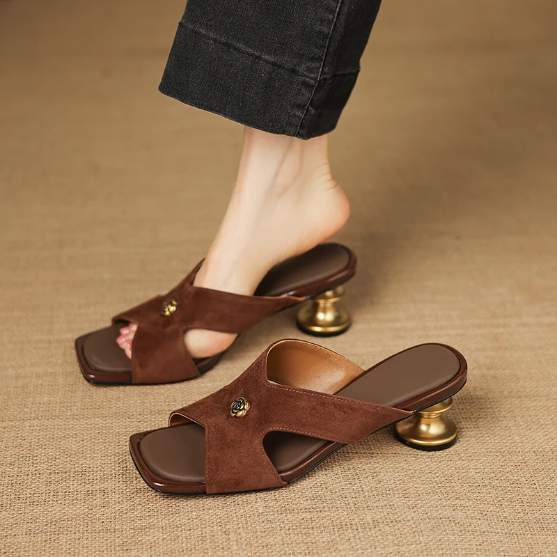 2026 summer women sandals natural leather 22-25cm kid suede+sheepskin+microfiber open toe metal mules high heel women slippers