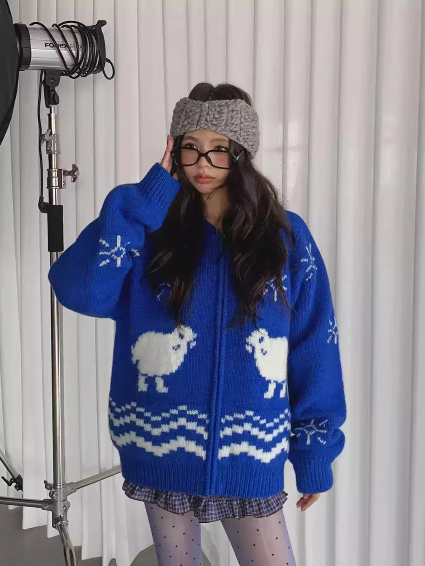 رائعتين مكافحة الشيخوخة اللون بلو الكرتون محبوك سستة Jaet المرأة فضفاضة تناسب شتاء جديد Sle طويل Sve سترة معطف #1