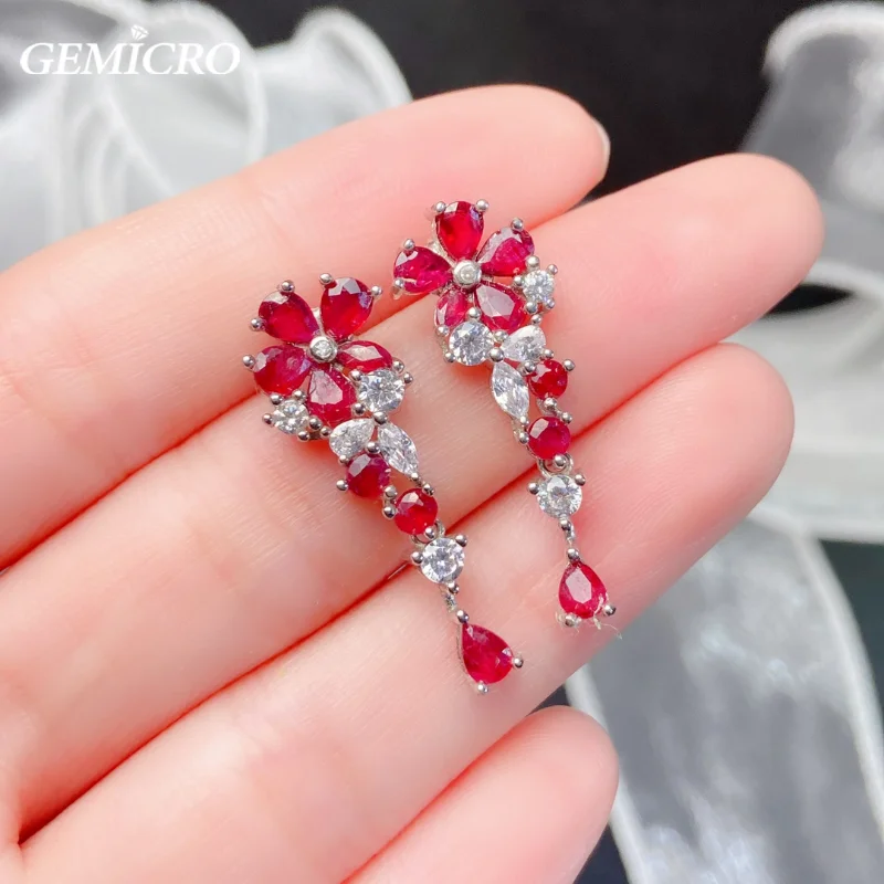 925 Sterling Silver Jewelry with Natural Ruby Drop Earring Studs for Women Lady Wedding Engagement and Anniversary Party Gifts