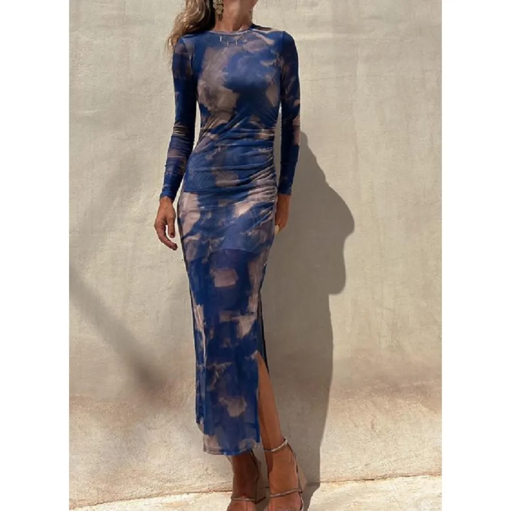 Robe en maille transparente à manches longues pour femmes, col rond, sexy, tambour, manches longues, fente haute, robes de soirée de vacances,