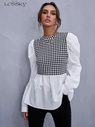 Dames Elegant Houndstooth Shirt Mode Ruches Stiksel Pluizige Lange Mouwen Top Casual Chic Dames Blouse Kantoor Witte Shirts