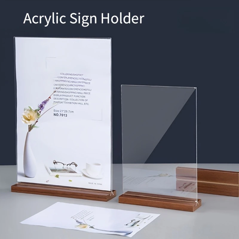 

Acrylic T-Shaped Sign Holder with Wooden Base - Pull-Out A4 Menu Display Stand Seat Card Exhibition Name Plate for Retail Office