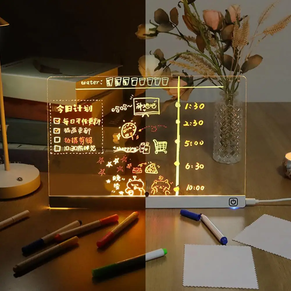 LED To-do List Board Note Whiteboard Rechargeable Acrylic Memo Pad Erasable Glowing Message Board Reusable Weekly Planner