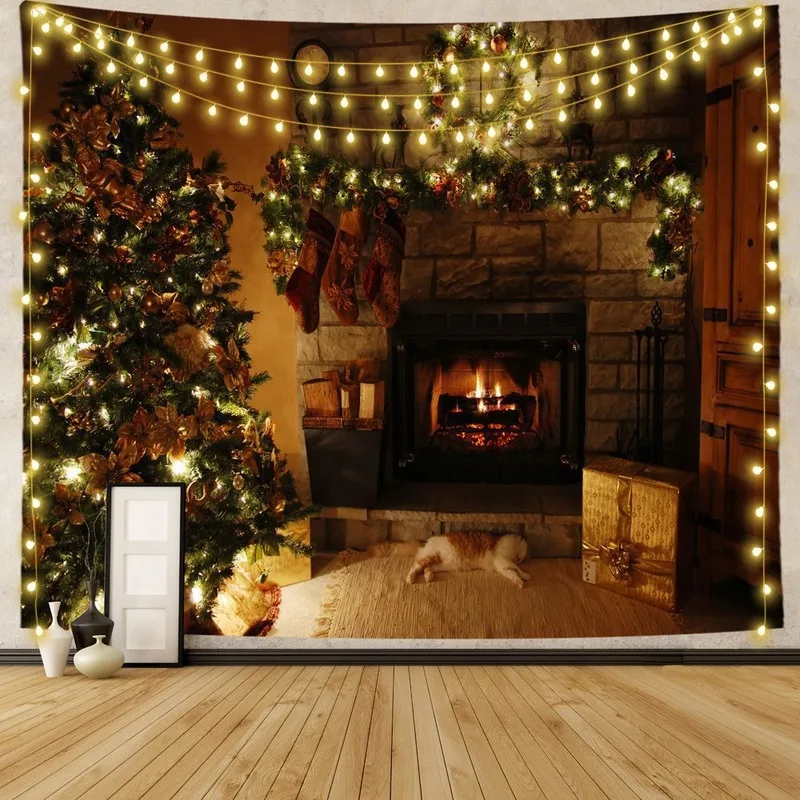 VIKAMA Stone Fireplace Christmas Tree Stocking Tapestry, HD Print Wall Hanging for Living Room Cozy Holiday Decor