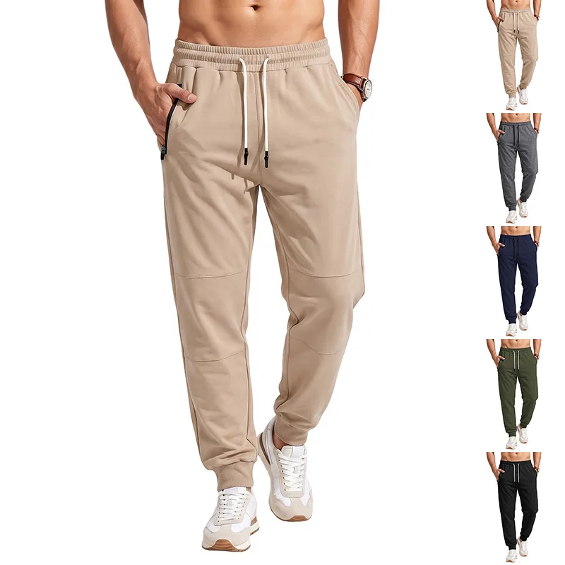 Men Drawstring Elastic Waist Jogger Sweatpants Zipper Side Pockets Soft Loose Daily Sports Casual Tapered Ankle Trousers