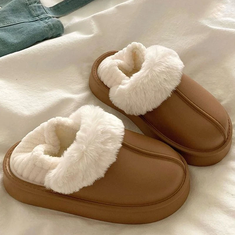 Crestar Winter Women Fuzzy Slippers New Outdoor Waterproof Cotton Shoes Warm Fluffy Home Slides Detachable Plush Cotton Slippers