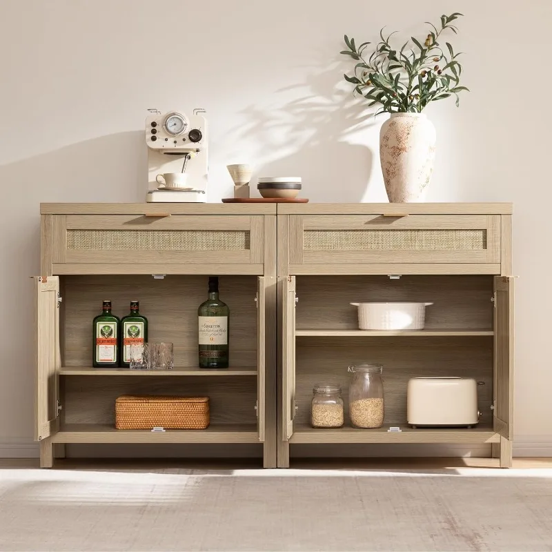 Sideboard Buffet Storage Cabinet, Rattan Accent Cabinet with Doors and Drawer, Boho Credenzas Buffet Table Console Coffe
