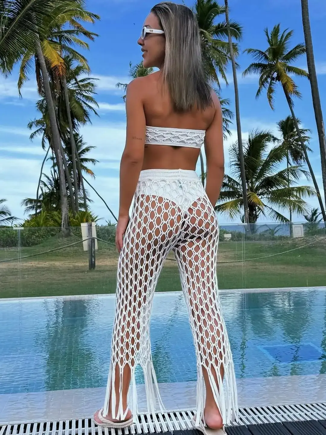 Sexy Hollow Out Tassels Pants Set 2025 Fashion Off Shoulder 3Pcs Bikini Sets With Trousers Women Swim Suits Beach Wear Outfits