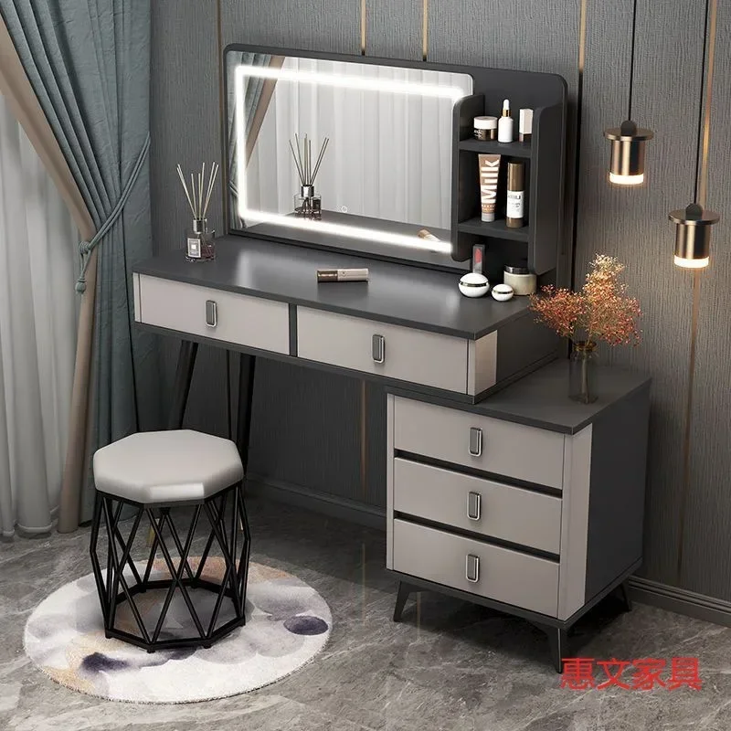 Luxury Led Light Grey Dressing Tables Mirror Organizer Girls Black Dressers Drawer Modern Makeup Vanity Table Bedroom Furniture