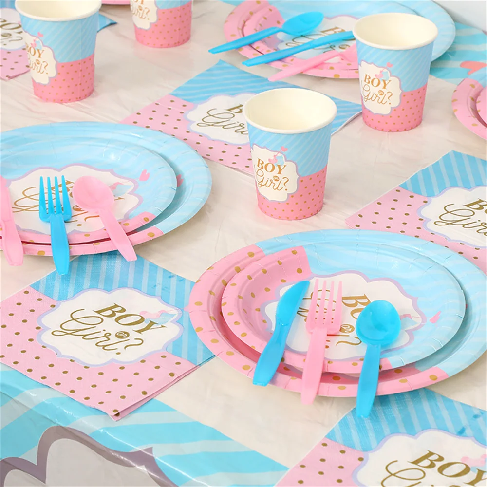 Set di stoviglie usa e getta per ragazzo o ragazza piatto di carta tazza rosa blu Gender Reveal Baby Shower decorazioni per feste Banner tovaglioli