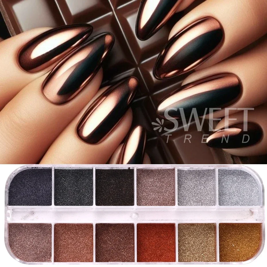 12 rejillas Otoño Invierno Color oscuro brillo de uñas pigmento espejo mágico marrón plata oro frotar polvo Gel polaco polvo decoración de manicura